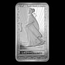 10 oz PAMP Lady of Liberty Silver Bar front with Lady of Liberty design and sunburst background