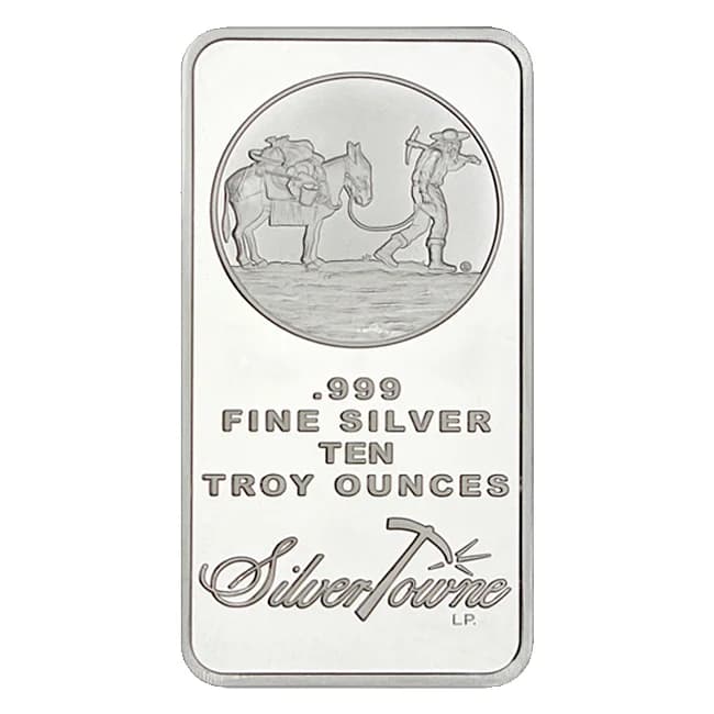 10 oz SilverTowne silver bar front — prospector design, .999 fine silver ten troy ounces