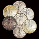 Group of cull 1 oz American Silver Eagle obverses showing heavy toning, discoloration, and surface damage