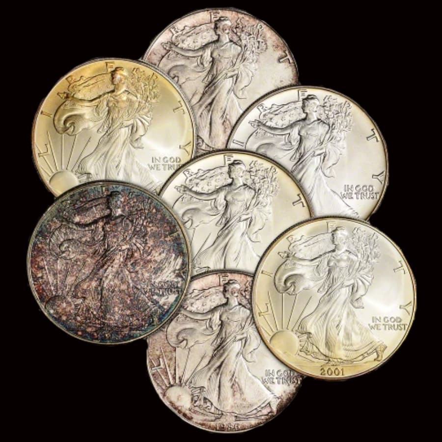 Group of cull 1 oz American Silver Eagle obverses showing heavy toning, discoloration, and surface damage