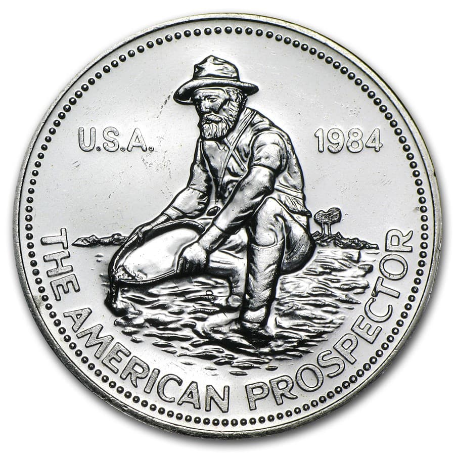 1 oz Engelhard Prospector silver round obverse — THE AMERICAN PROSPECTOR, U.S.A. 1984