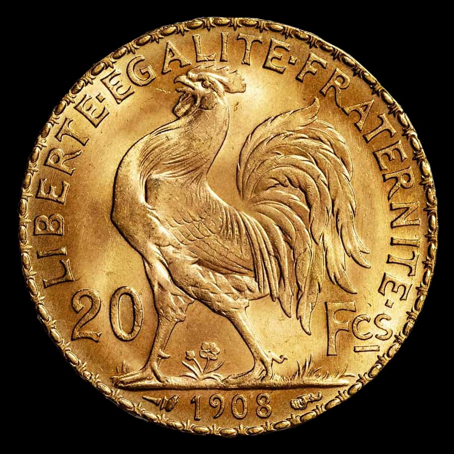 France Gold 20 Francs Rooster coin — Gallic rooster design with 20 Fcs denomination