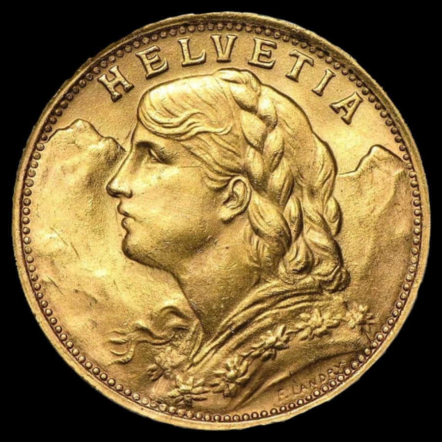 Swiss Gold 20 Francs Helvetia coin obverse — Helvetia portrait with mountain peaks
