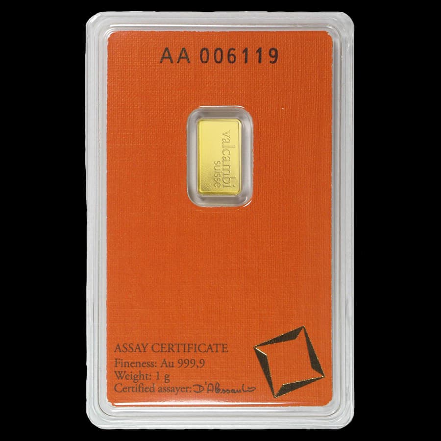 1 gram Valcambi Suisse gold bar sealed in assay packaging (reverse)