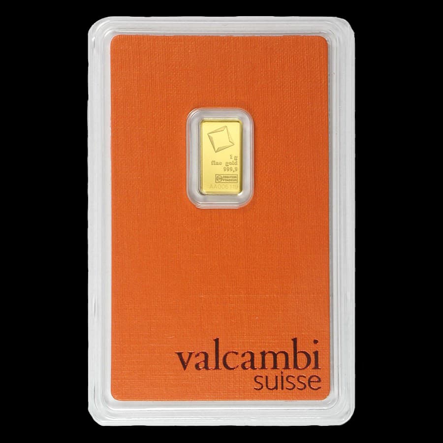 1 gram Valcambi Suisse gold bar sealed in assay packaging