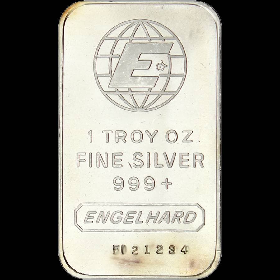 1 oz Engelhard Silver Bar front with Engelhard hallmark and silver markings