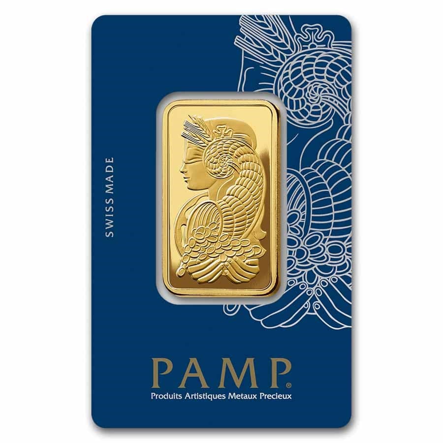 1 oz PAMP Suisse Fortuna gold bar in assay card — front
