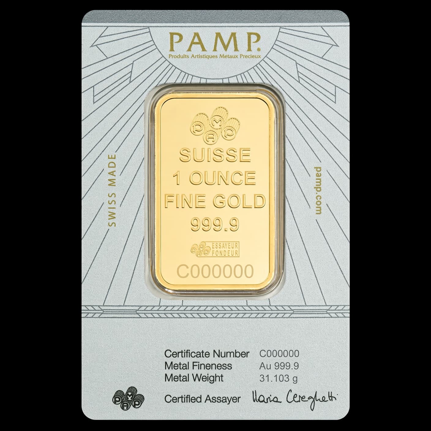 1 oz PAMP Suisse Lady of Justice gold bar sealed in original assay card packaging (reverse)