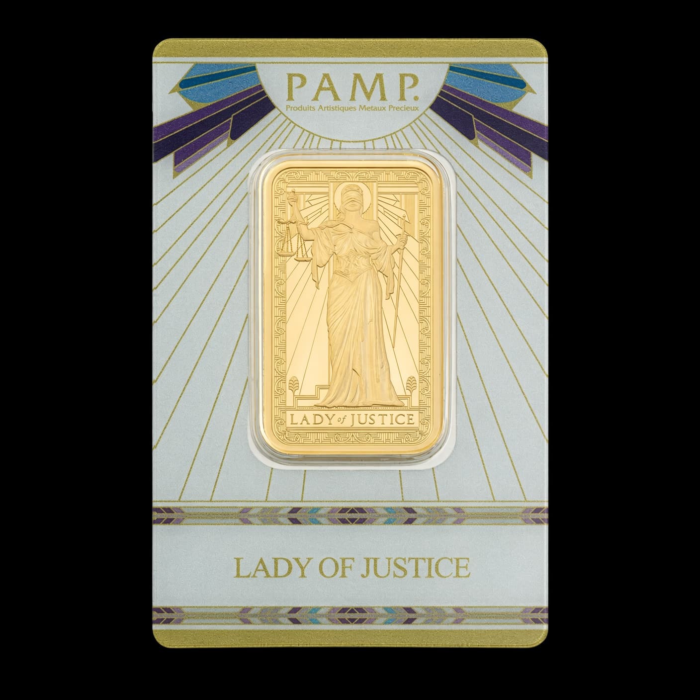 1 oz PAMP Suisse Lady of Justice gold bar sealed in original assay card packaging
