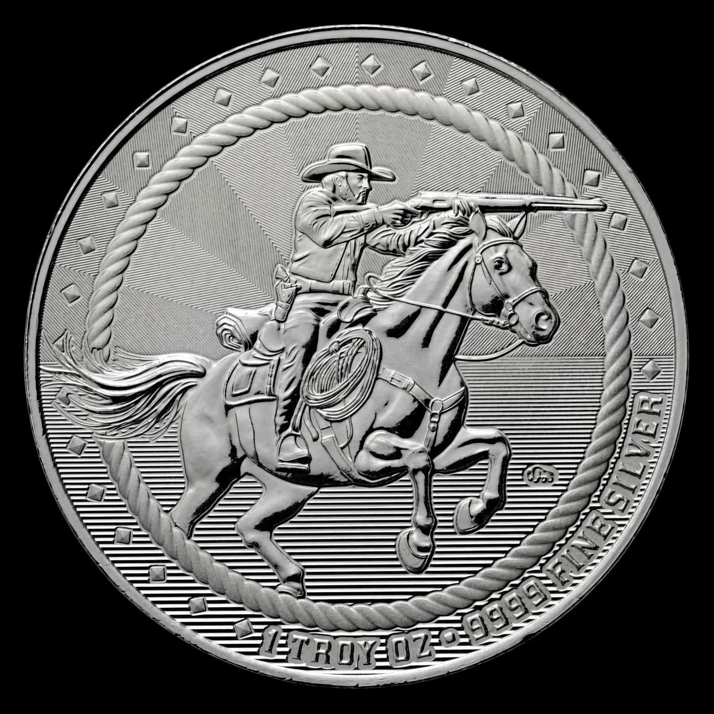 1 oz Scottsdale Mint Cowboy Rifleman silver round obverse showing a mounted rifleman inside a lariat border with the 1 TROY OZ .9999 FINE SILVER legend