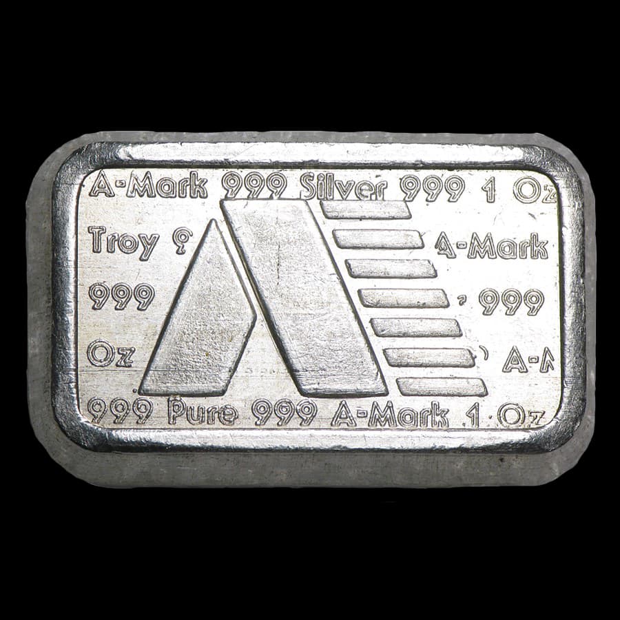 1 oz A-Mark Brick Type-2 silver bar showing the A-Mark logo and .999 markings
