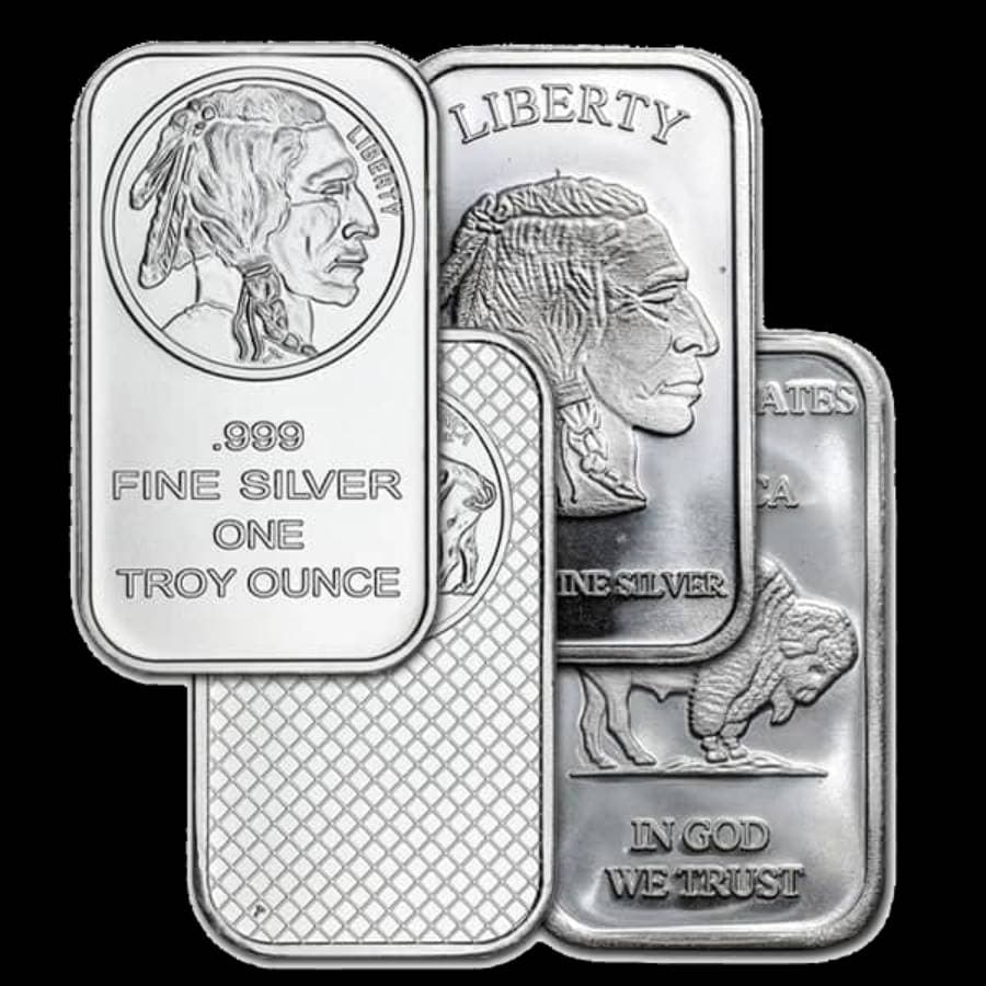 1 oz silver bars from various recognized mints, including Buffalo design rounds and bars