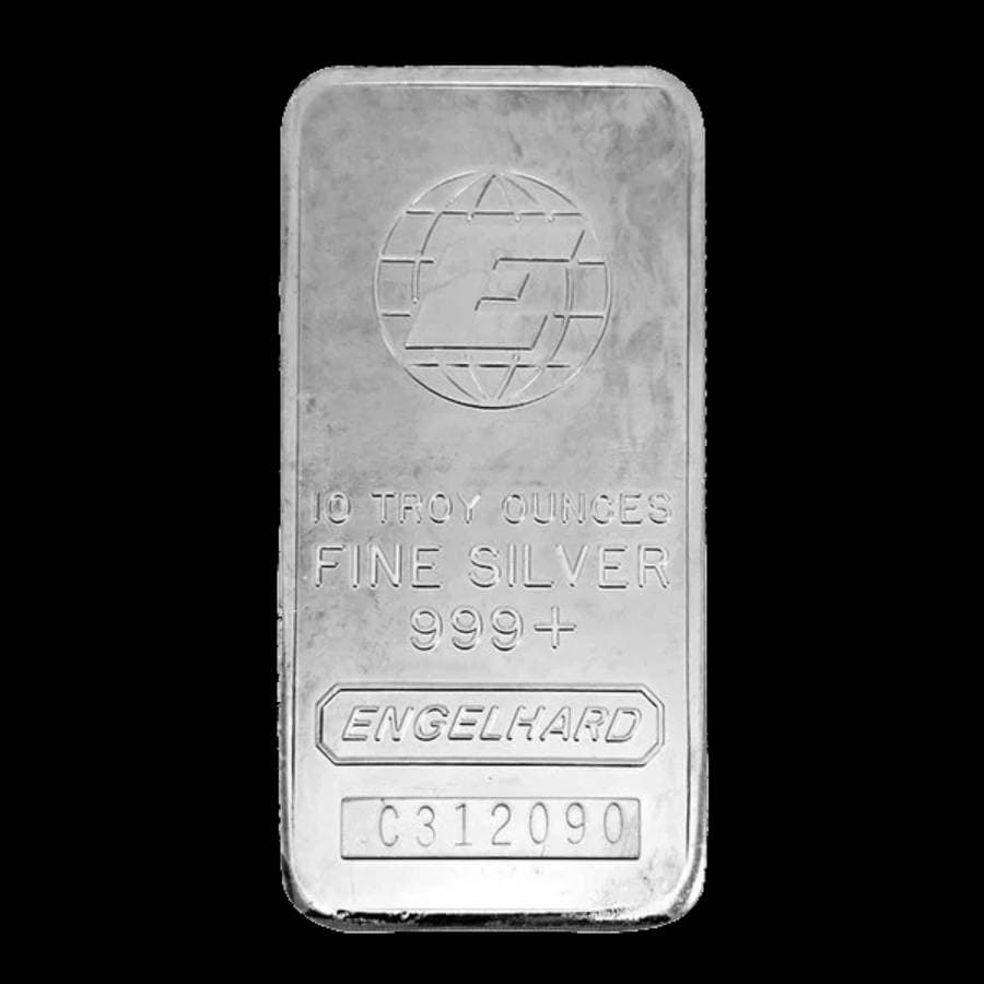 10 oz Engelhard Silver Bar front with Engelhard hallmark and silver markings