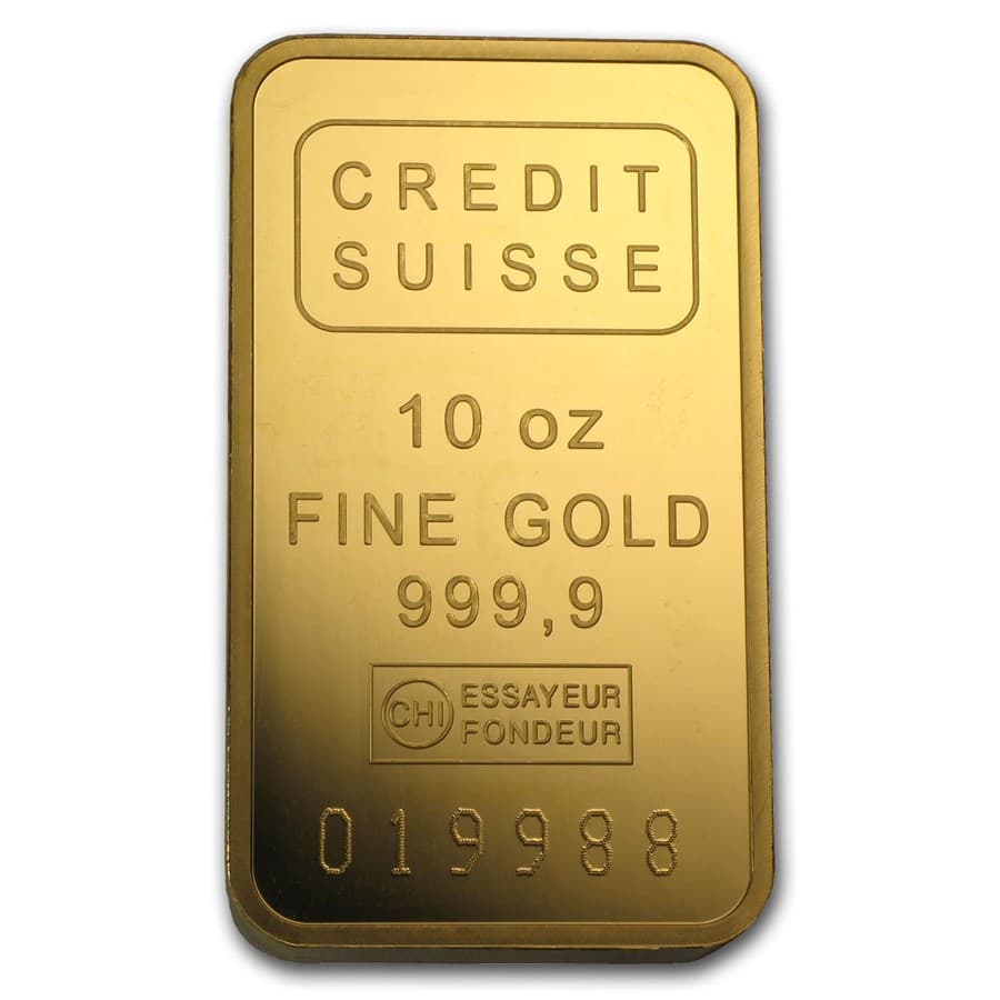 10 oz Credit Suisse gold bar front — CREDIT SUISSE 10 oz FINE GOLD 999.9
