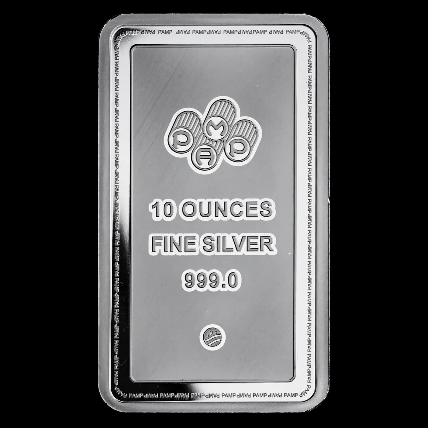 10 oz PAMP Suisse Lady of Justice silver bar front showing the blindfolded Lady Justice design (reverse)