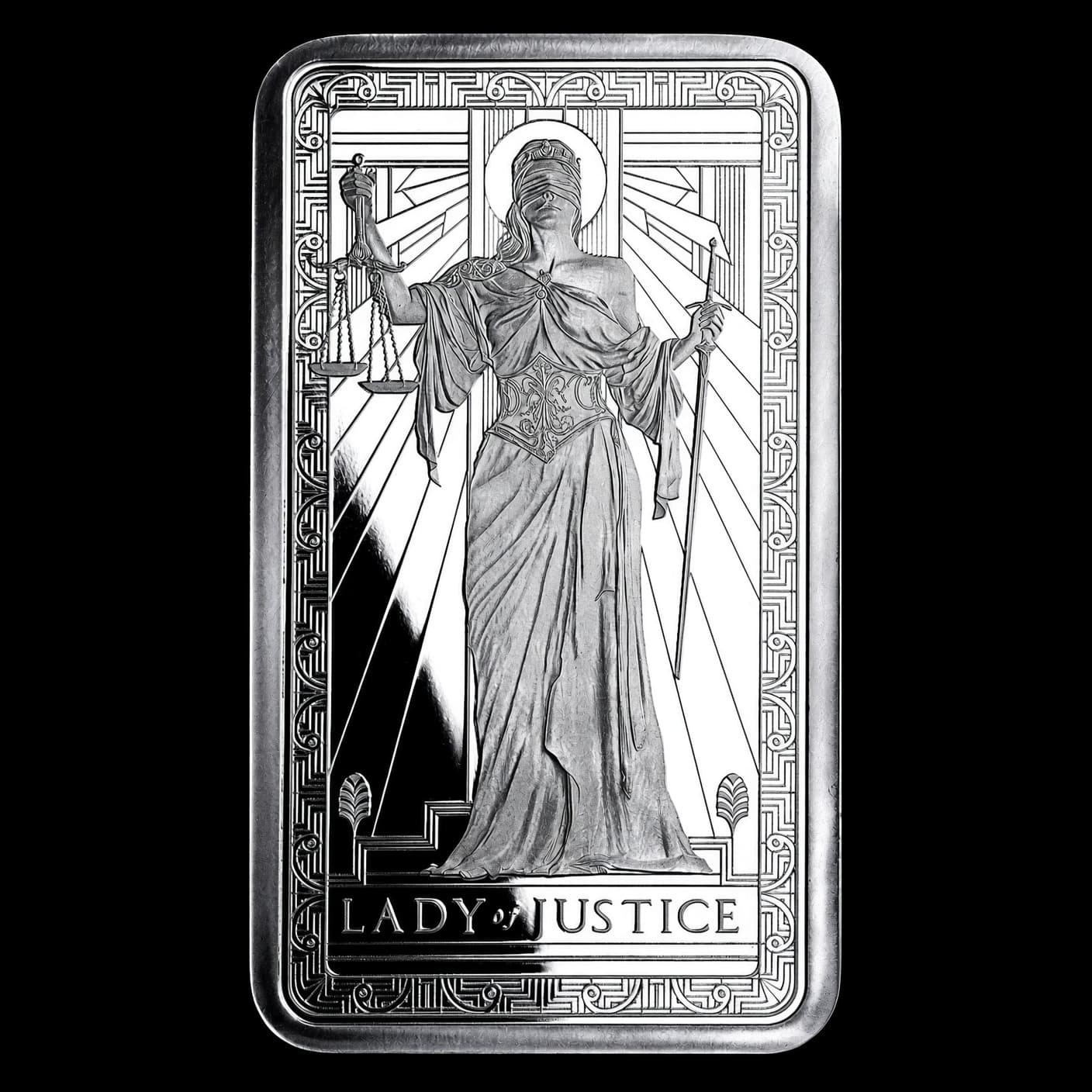 10 oz PAMP Suisse Lady of Justice silver bar front showing the blindfolded Lady Justice design