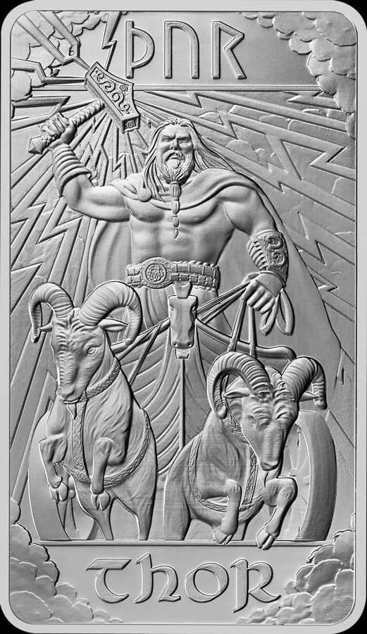 10 oz Royal Mint Norse Gods Thor silver bar showing Thor with hammer and chariot goats