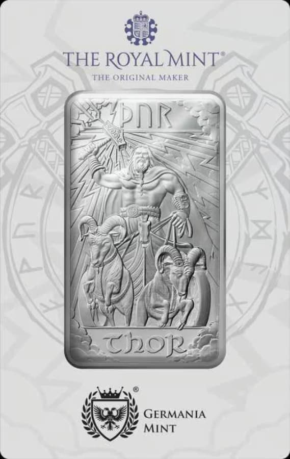 10 oz Royal Mint Norse Gods Thor silver bar showing Thor with hammer and chariot goats (reverse)