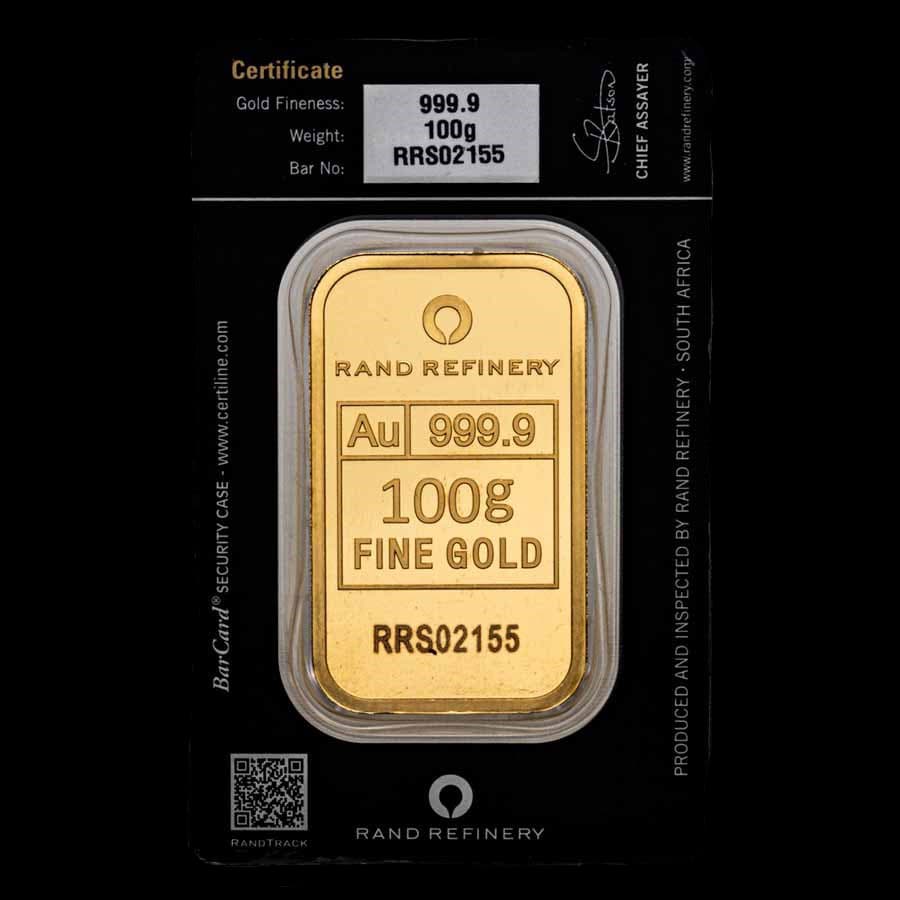 100 gram Rand Refinery Loxodonta gold bar with elephant herd design, sealed in assay (reverse)