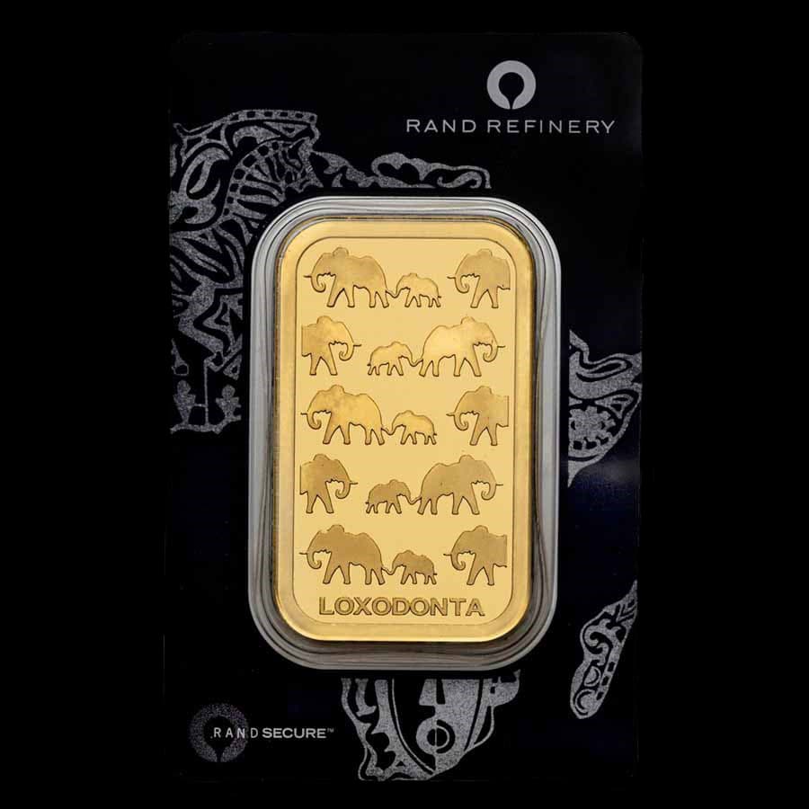 100 gram Rand Refinery Loxodonta gold bar with elephant herd design, sealed in assay