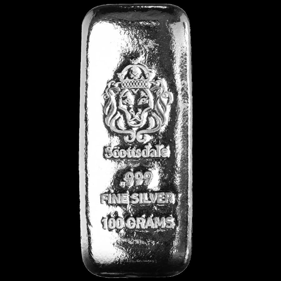 100 gram Scottsdale Mint cast-poured silver bar front with lion crest, stamped .999 FINE SILVER 100 GRAMS
