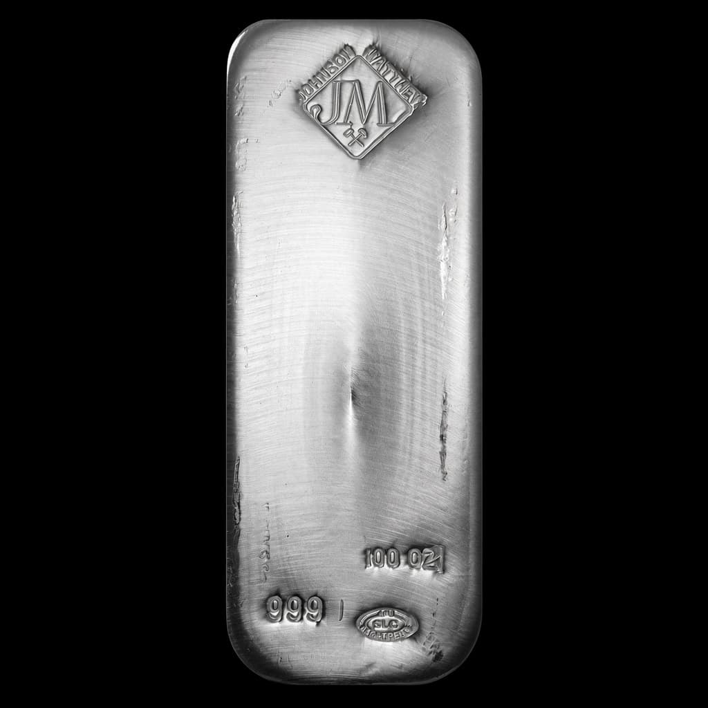 100 oz Johnson Matthey poured silver bar with the JM diamond hallmark, 100 OZ and 999 stamps