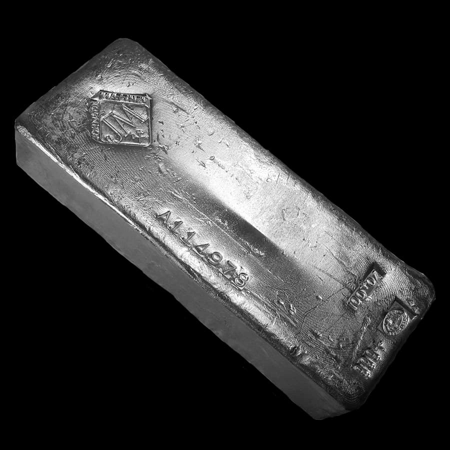 100 oz Johnson Matthey poured silver bar with JM diamond hallmark and serial number (reverse)