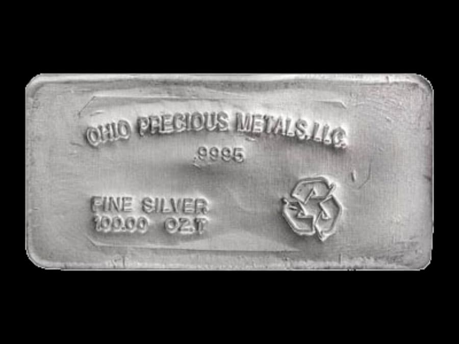100 oz Ohio Precious Metals poured silver bar stamped .9995 FINE SILVER 100.00 OZ.T with recycling mark