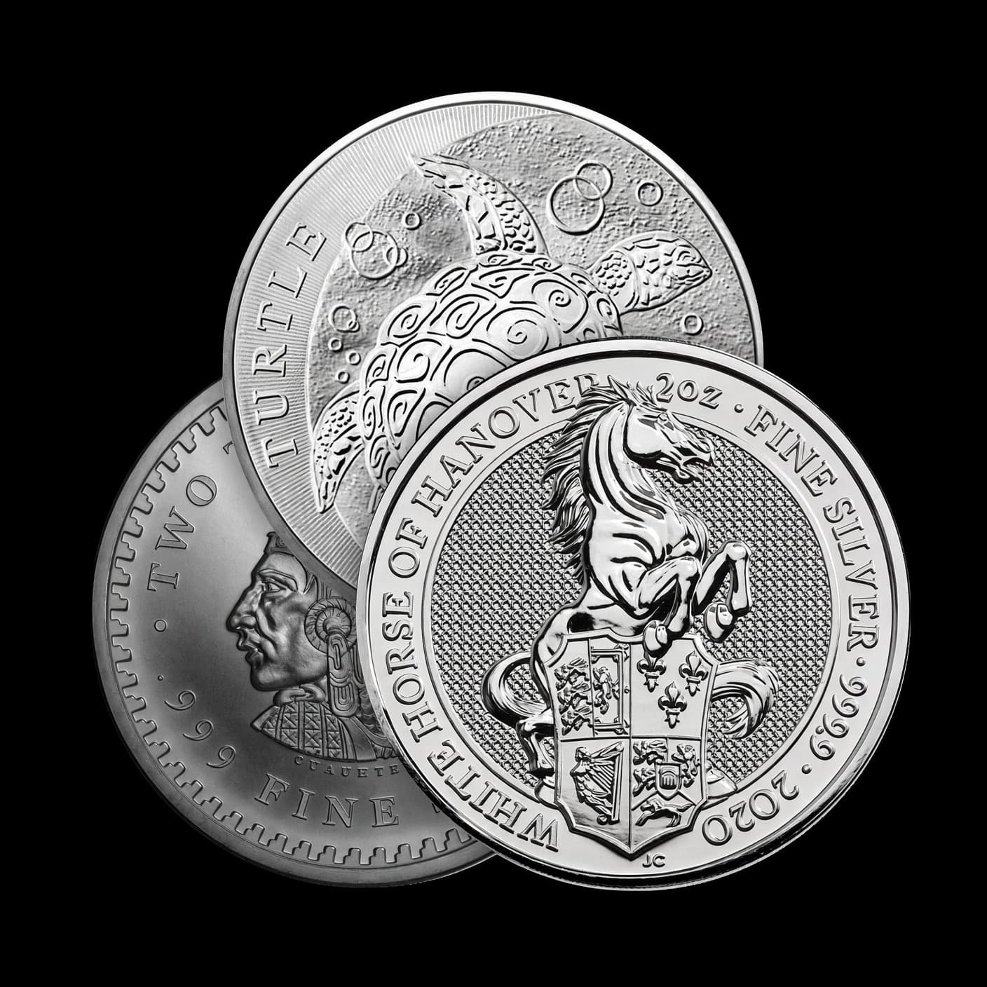 Assorted 2 oz secondary-market silver pieces showing the style of two-ounce silver carried