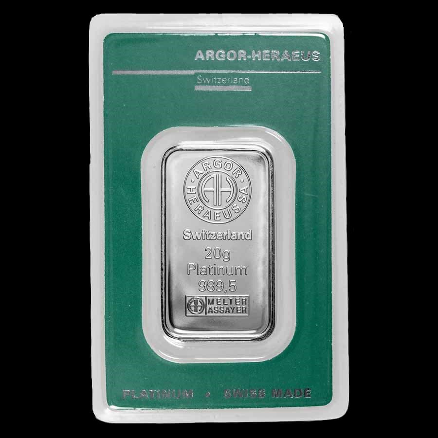 20 gram Argor-Heraeus platinum bar front in sealed assay card, marked Switzerland 20g Platinum 999.5