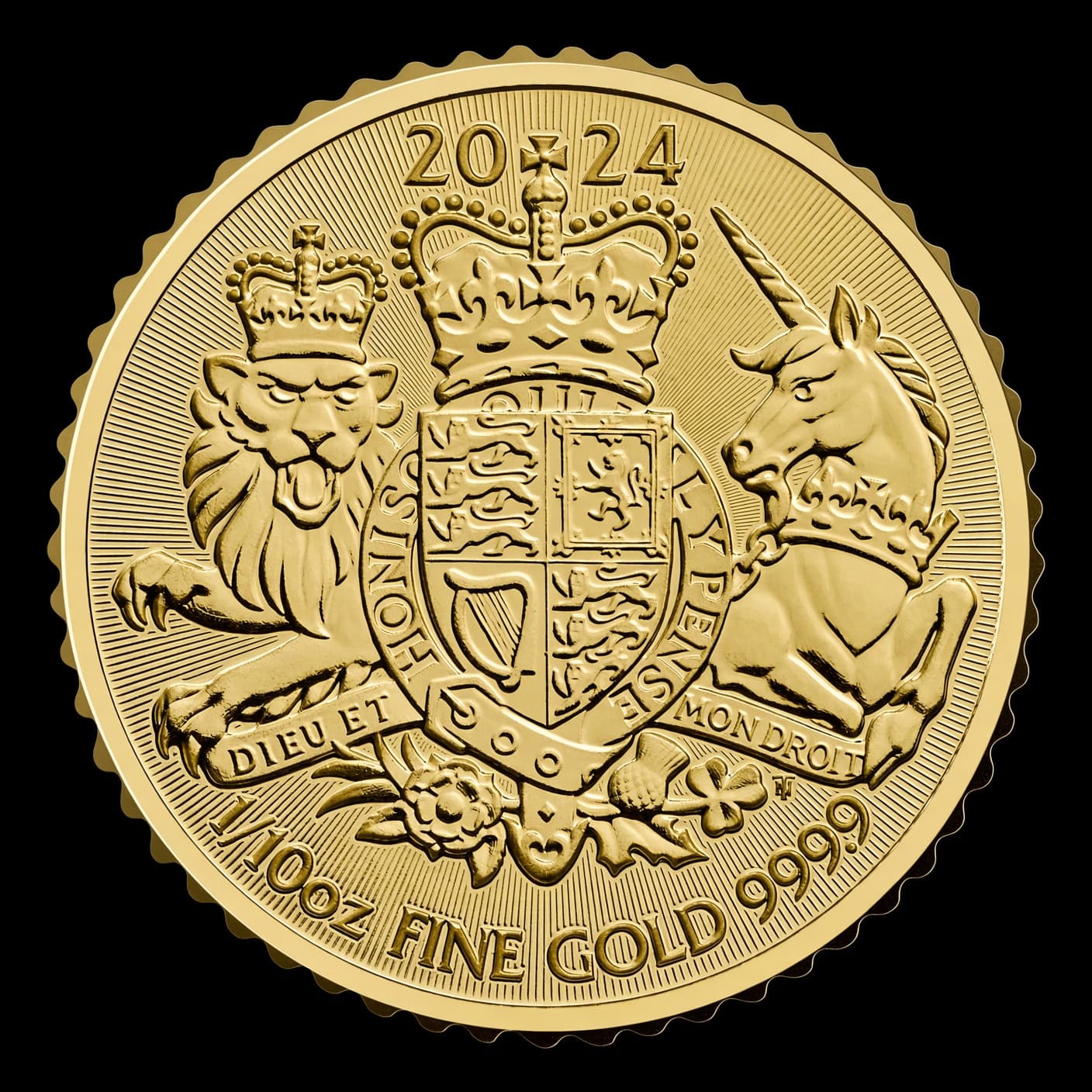 2024 Great Britain 1/10 oz gold Royal Arms reverse showing the crowned royal coat of arms with lion and unicorn supporters and the 1/10 OZ FINE GOLD 9999 inscription