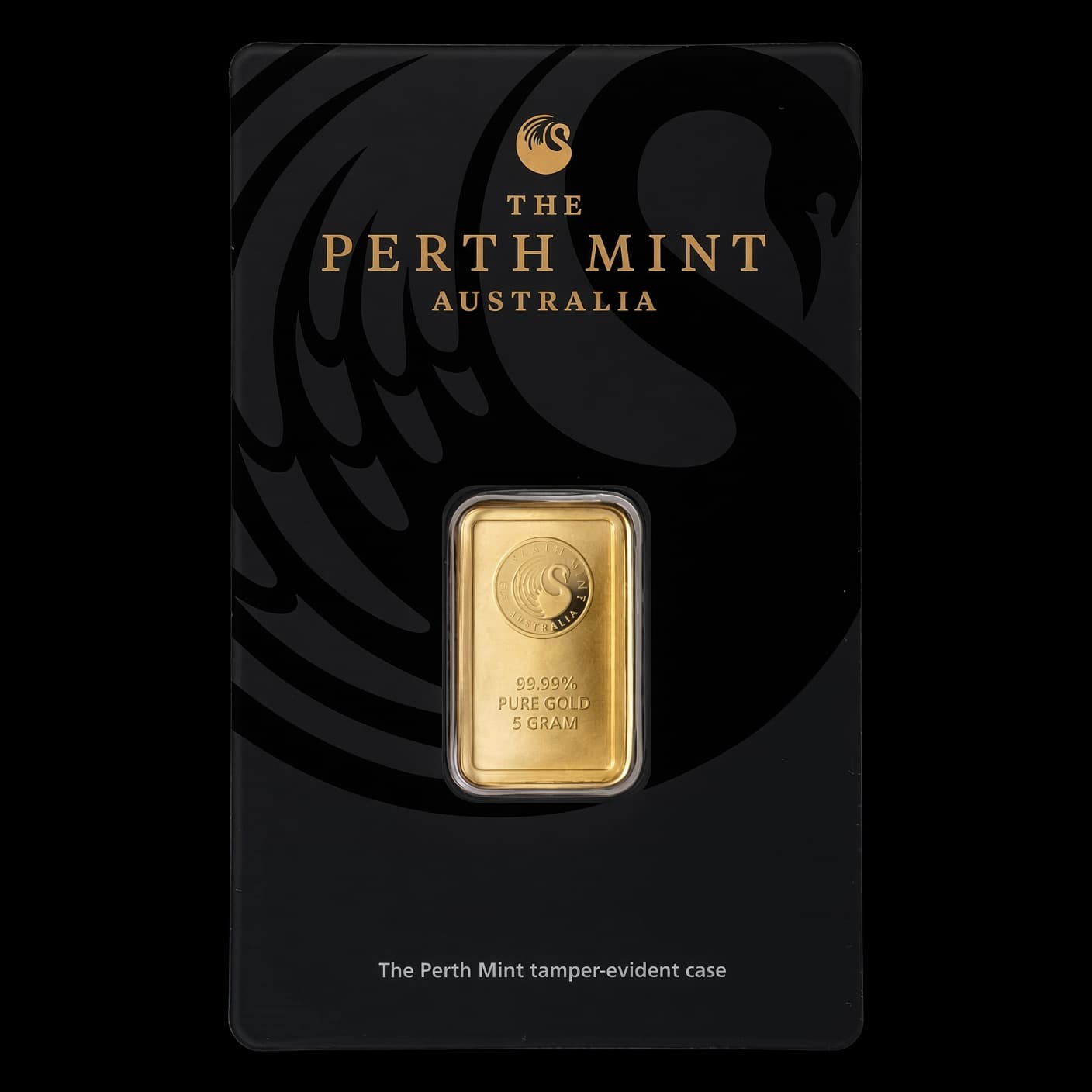5 gram Perth Mint gold bar sealed in a black tamper-evident assay card with the swan logo