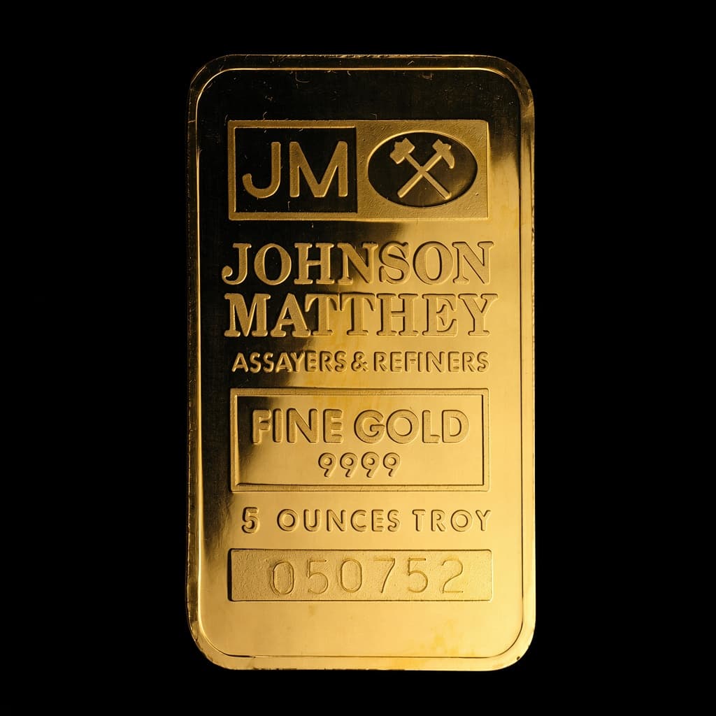 5 oz Johnson Matthey gold bar front with JM hallmark and crossed hammers, FINE GOLD 9999, 5 OUNCES TROY