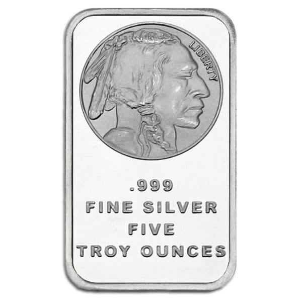 5 oz silver bar front — Buffalo design, .999 fine silver five troy ounces