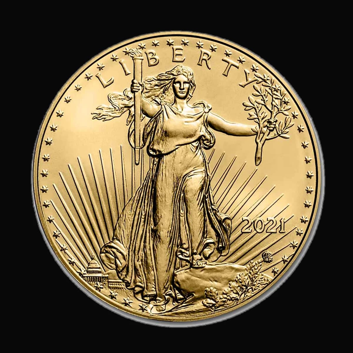 1 oz American Gold Eagle Coin obverse — Lady Liberty striding forward