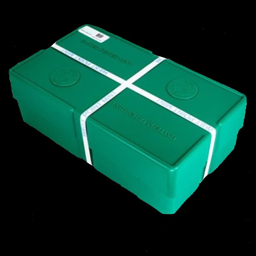 Sealed green 500-coin American Silver Eagle monster box with U.S. Mint straps and West Point Mint seal