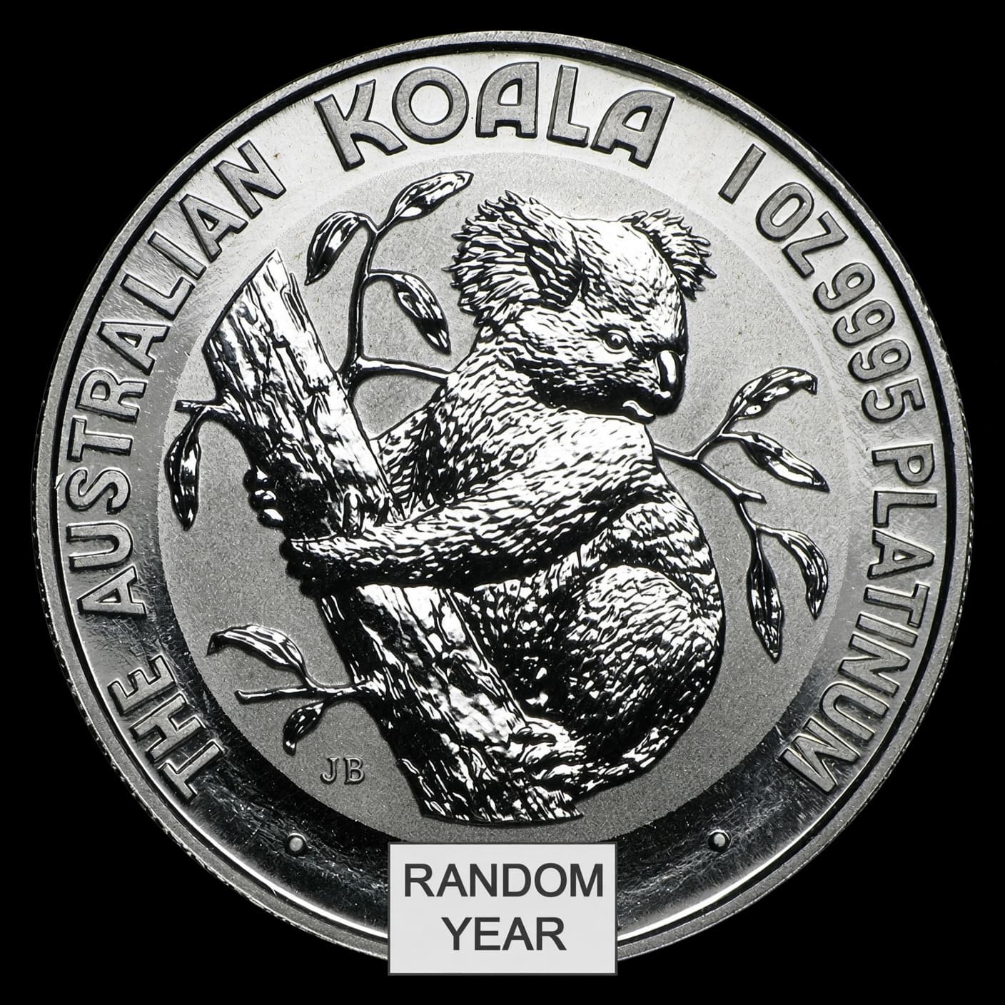 Australian 1 oz platinum Koala coin reverse showing a koala in a eucalyptus tree with THE AUSTRALIAN KOALA and 1 OZ 9995 PLATINUM legends
