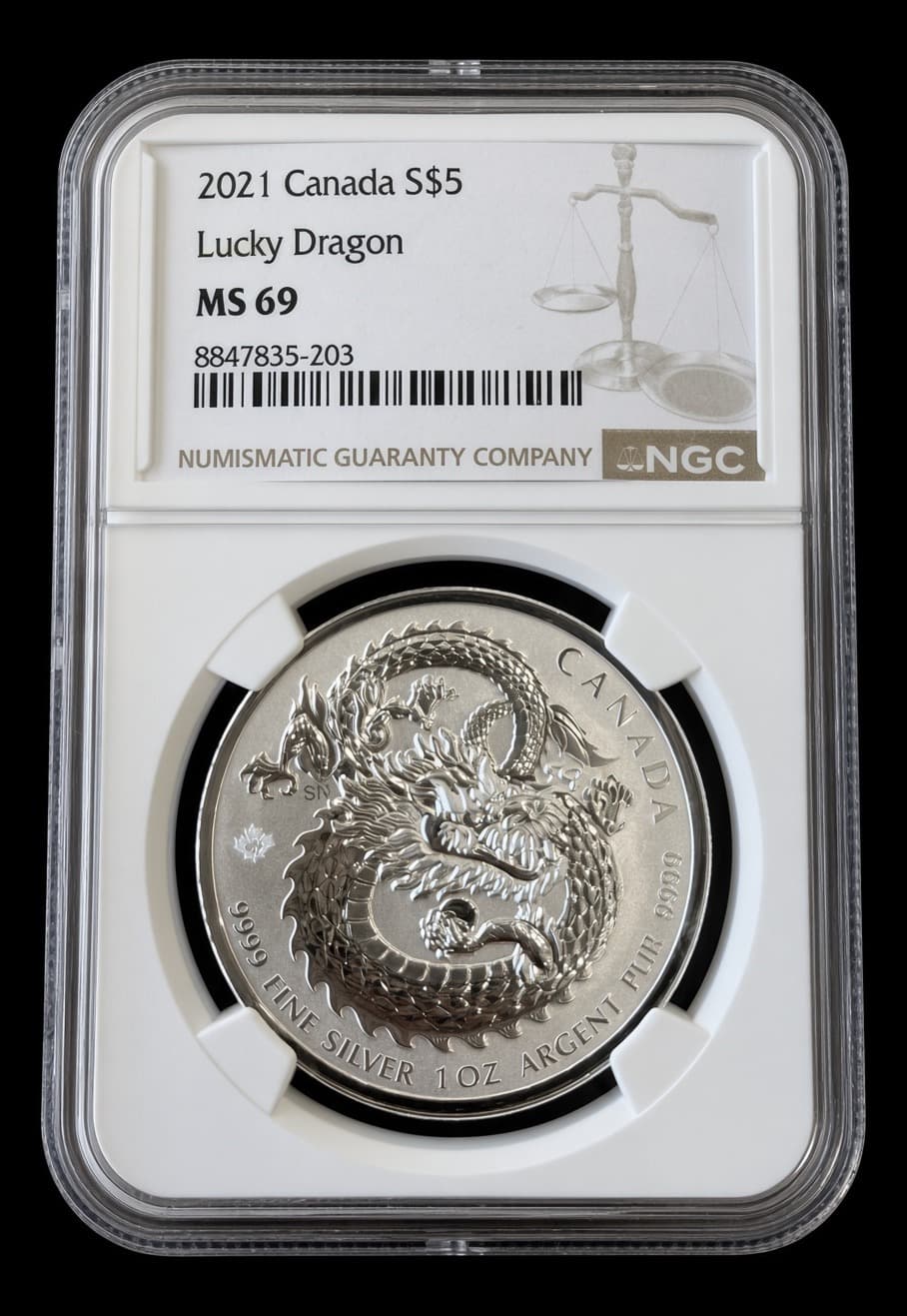 2021 Canada $5 Lucky Dragon 1 oz silver coin in an NGC slab labeled MS 69, showing the coiled dragon reverse