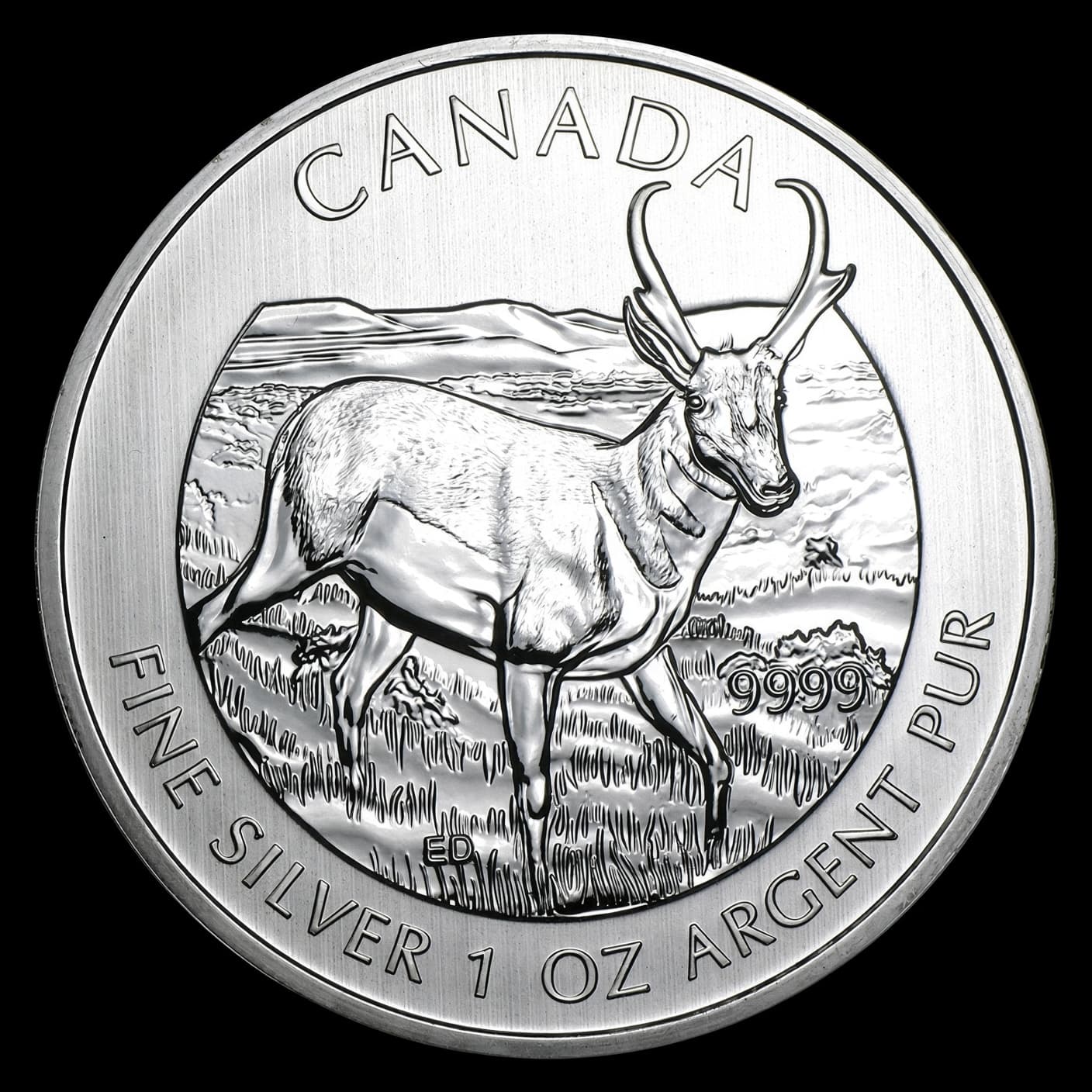 2013 Canada 1 oz silver Wildlife Series Pronghorn Antelope coin reverse showing a pronghorn on the prairie