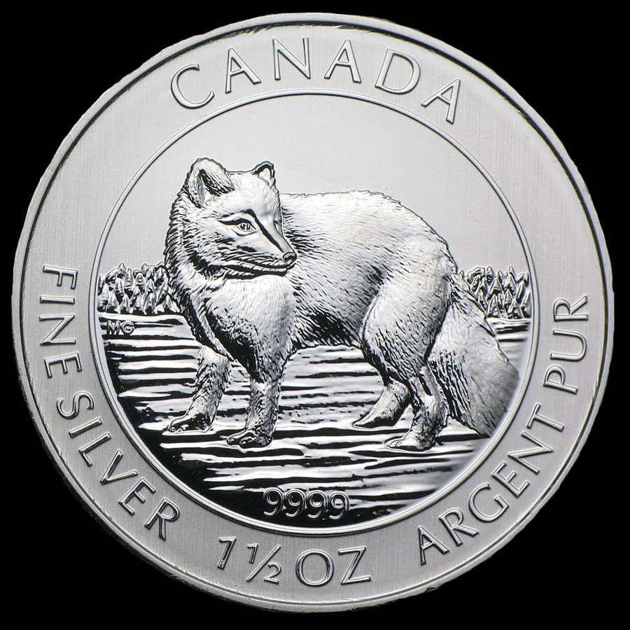 1.5 oz Canada Silver $8 Arctic Fox coin reverse showing an arctic fox