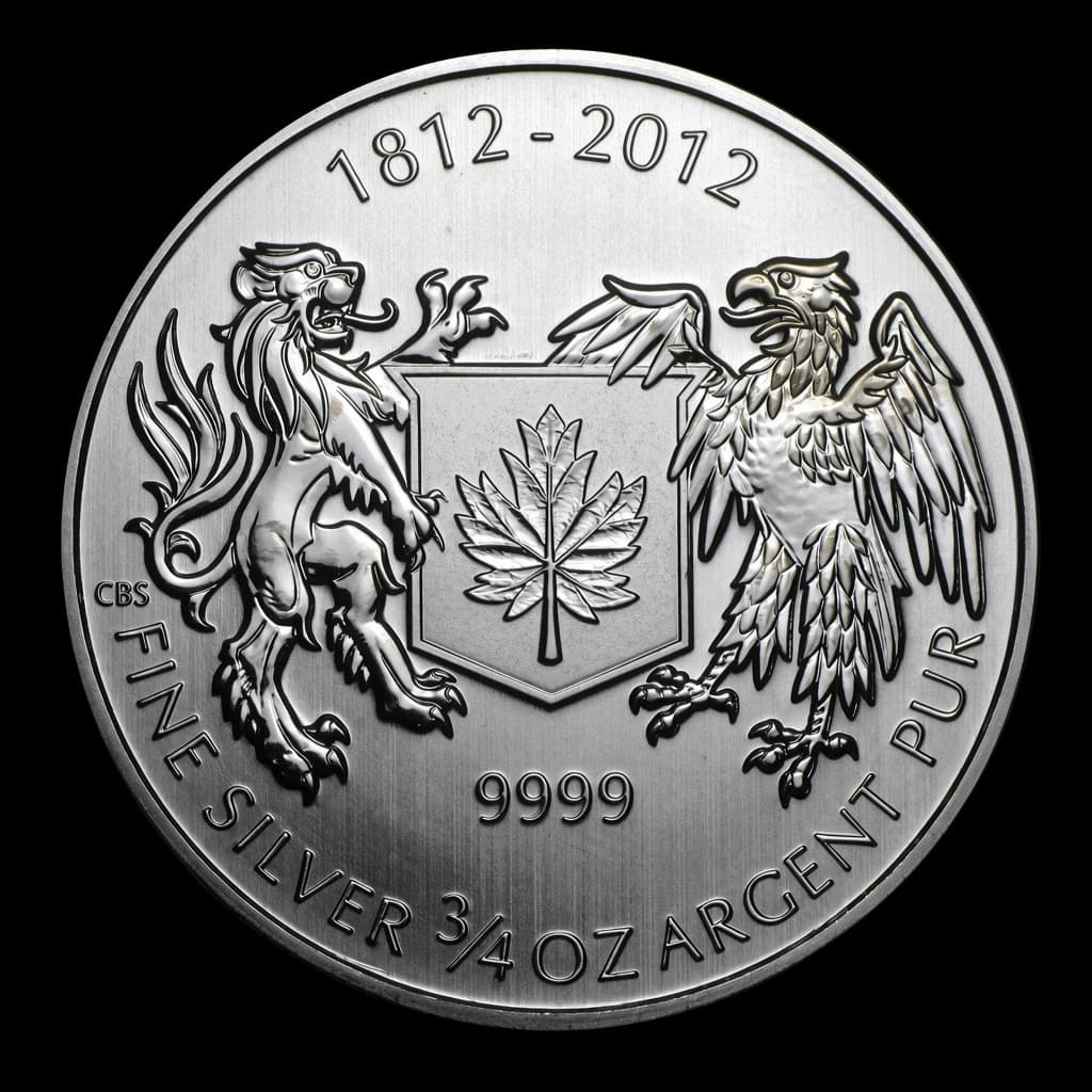 2012 Canada 3/4 oz Silver War of 1812 coin showing a lion and eagle flanking a maple leaf shield