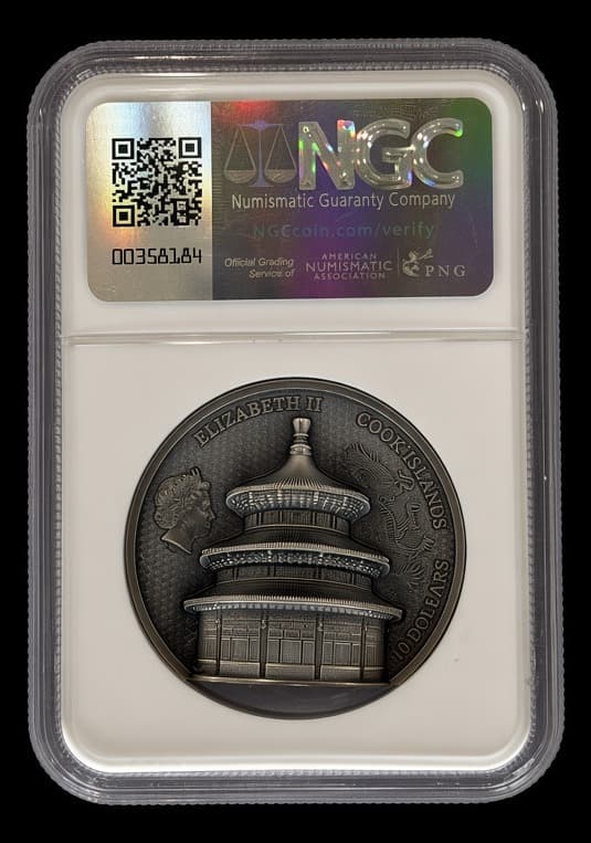 2023 Cook Islands 2 oz silver Temple of Heaven coin graded NGC MS70 Antiqued in its slab (reverse)