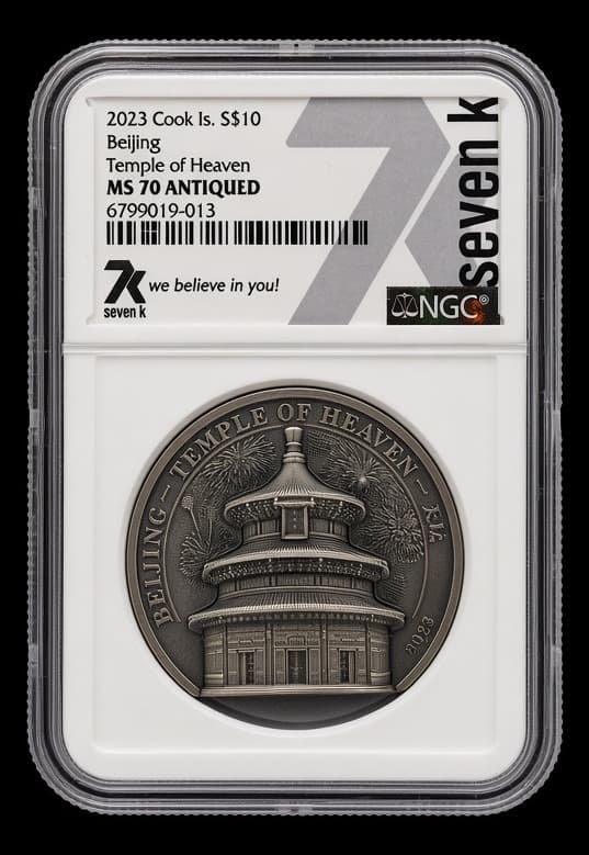 2023 Cook Islands 2 oz silver Temple of Heaven coin graded NGC MS70 Antiqued in its slab