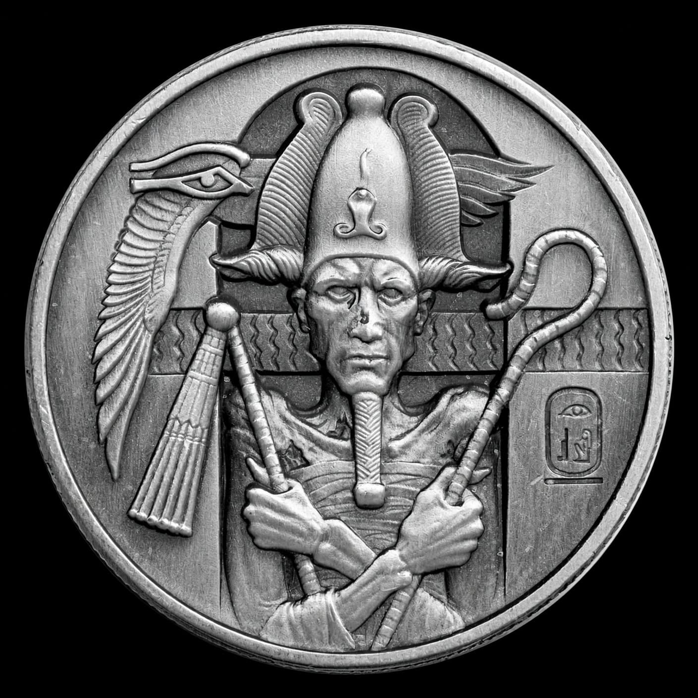 2 oz silver Egyptian Gods Series Osiris round obverse showing Osiris in the atef crown with crook and flail crossed at his chest