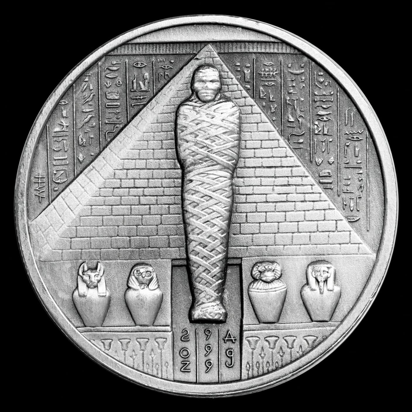 2 oz silver ultra high relief Egyptian Gods Series Osiris round obverse showing Osiris with crook and flail (reverse)