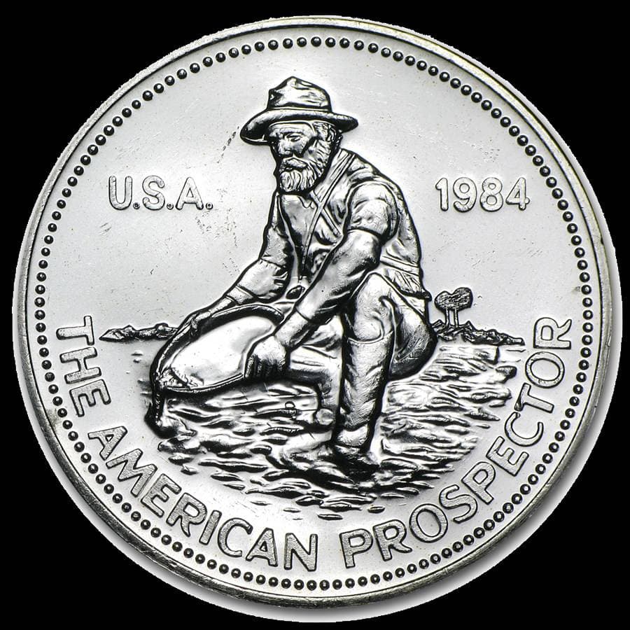 1 oz Engelhard Prospector silver round obverse — THE AMERICAN PROSPECTOR, U.S.A. 1984