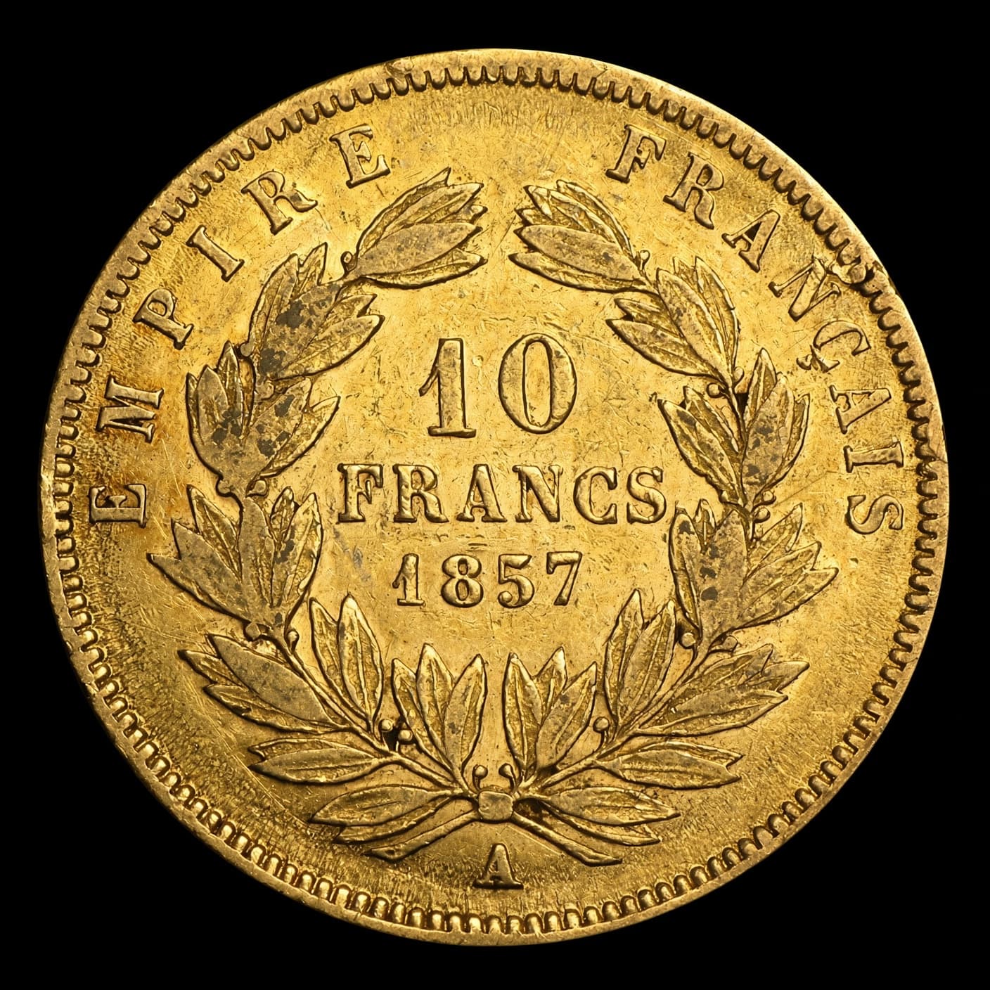 France gold 10 Francs coin obverse showing Napoleon III (reverse)
