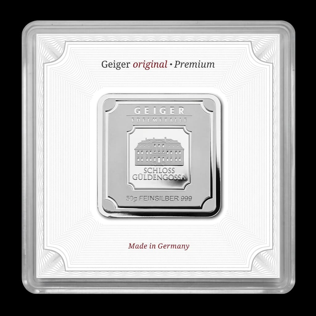 50 gram Geiger Edelmetalle square silver bar sealed in its certificate card, stamped 50g FEINSILBER 999 with the Schloss Güldengossa manor house