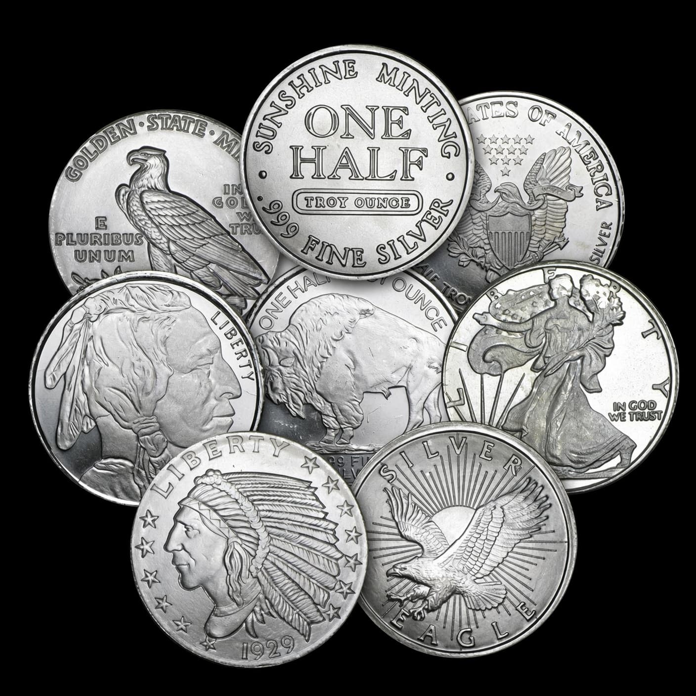 Assorted 1/2 oz secondary-market silver rounds including Sunshine Minting, Buffalo, Walking Liberty, and eagle designs