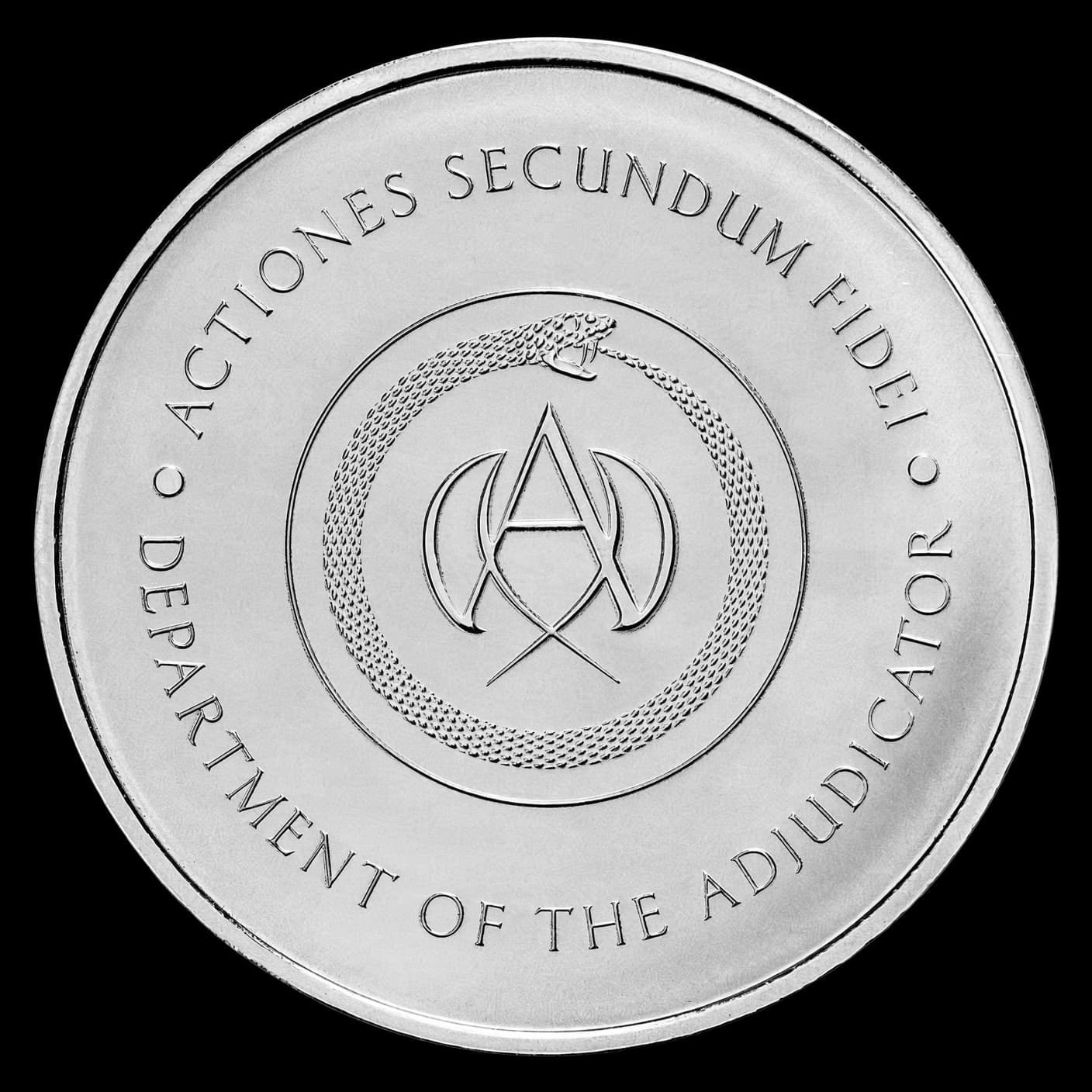 John Wick 2 oz silver Adjudicator round obverse showing the Department of the Adjudicator seal with an ouroboros encircling the monogram and the ACTIONES SECUNDUM FIDEI legend